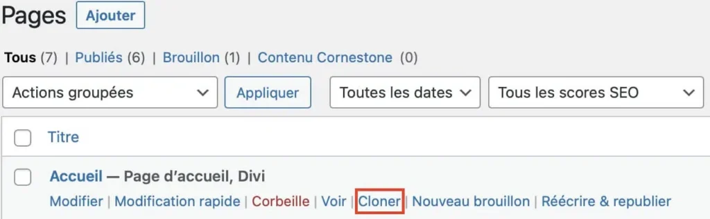 Comment dupliquer une page WordPress - Dupliquer avec Yoast Duplicate Post - Bouton Clôner